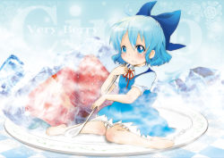 Rule 34 | 1girl, absurdres, bare shoulders, barefoot, berry jou, blue eyes, blue hair, blush, bow, cirno, food, frozen, fruit, hair bow, highres, ice, in food, matching hair/eyes, mini person, minigirl, plate, ribbon, short hair, sitting, solo, spoon, strawberry, touhou, wariza