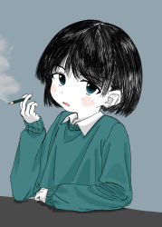Rule 34 | 1girl, aqua sweater, black hair, blue background, blue eyes, blush stickers, collared shirt, female focus, holding, holding pencil, looking at viewer, open mouth, original, pale skin, pencil, shirt, simple background, smoke, solo, sweater, wakaryan pic