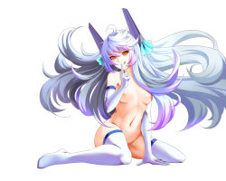 Rule 34 | 1girl, breasts, elbow gloves, finger to mouth, full body, gloves, headgear, le fantasque (warship girls r), long hair, navel, nipples, nude, open mouth, silver hair, simple background, sitting, small breasts, smile, solo, thighhighs, tongue, tongue out, very long hair, wariza, warship girls r, white background, white gloves, white thighhighs, xionghan de guangtou, yellow eyes