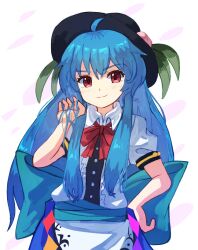 Rule 34 | 1girl, ahoge, apron, back bow, black hair, blue bow, blue hair, blue skirt, bow, bowtie, center frills, collared shirt, commentary request, cowboy shot, frills, hand in own hair, hand on own hip, highres, hinanawi tenshi, leaf, long hair, peach hat ornament, plus2sf, puffy short sleeves, puffy sleeves, red bow, red bowtie, red ribbon, ribbon, shirt, short sleeves, sidelocks, simple background, skirt, solo, touhou, very long hair, waist apron, waist bow, white apron, white background, white shirt