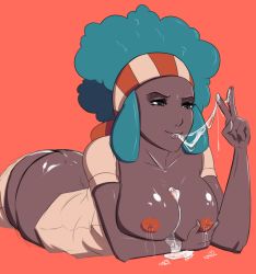 Rule 34 | 10s, 1girl, afro, aftersex, alternate color, ass, breasts, breasts out, bust cup, butt crack, creatures (company), cum, cum on body, cum on breasts, cum on upper body, cum pool, cum string, dark-skinned female, dark nipples, dark skin, game freak, green hair, gutter kirby, gym leader, headband, lactation, large breasts, lenora (pokemon), lips, lying, nintendo, nipples, on stomach, pokemon, pokemon bw, shiny skin, smile, solo, thong, very dark skin