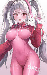Rule 34 | 1girl, absurdres, alice (nikke), animal ear headphones, animal ears, bodysuit, breasts, covered navel, cropped jacket, fake animal ears, gloves, goddess of victory: nikke, grey hair, headphones, headset, highres, impossible bodysuit, impossible clothes, jacket, latex, latex bodysuit, long hair, medium breasts, multicolored clothes, multicolored gloves, onabe no shime, pink bodysuit, pink eyes, pink gloves, pink headphones, rabbit, red jacket, shrug (clothing), sidelocks, skin tight, smile, solo, twintails, two-tone gloves, white gloves