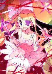 Rule 34 | 1girl, big hair, blonde hair, bow, breasts, cleavage, collarbone, commentary request, dress, earrings, eyelashes, eyepatch, floating hair, hair bow, harime nui, heart, highres, holding, jewelry, kill la kill, life fiber, long hair, looking at viewer, miyama (yakinikusushi the royal), open mouth, pink bow, pink dress, raised eyebrows, smile, solo, swept bangs, tongue, wrist cuffs