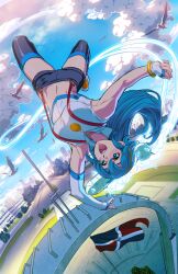 Rule 34 | 1girl, bird, blue eyes, blue hair, blue sky, cloud, commentary, copyright request, crop top, english commentary, flag, long hair, open mouth, outdoors, shorts, sky, smile, solo, thighhighs, xong
