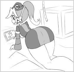 Rule 34 | 1girl, all fours, alternate costume, ass, box, breasts, call (mighty no. 9), call e, dress, fringe trim, from behind, garrison cap, greyscale, hat, headset, jadf, long hair, mighty no. 9, monochrome, short dress, side ponytail, solo, touchscreen