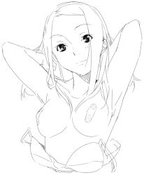 Rule 34 | 1girl, arms up, bandaid, bandaids on nipples, bra, bra pull, clothes pull, greyscale, monochrome, original, pasties, solo, topless, underwear, upper body, yamamoto enji