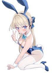 Rule 34 | 1girl, absurdres, animal ears, blonde hair, blue archive, blue eyes, blue footwear, blue hair, blue leotard, blush, bow, bowtie, breasts, commentary, detached collar, fake animal ears, fake tail, headset, high heels, highres, leotard, long hair, looking at viewer, medium breasts, multicolored hair, nantaru chiya, playboy bunny, rabbit ears, rabbit tail, simple background, solo, tail, thighhighs, toki (blue archive), toki (bunny) (blue archive), v, white background, white thighhighs, wrist cuffs