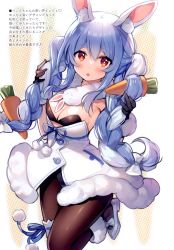 Rule 34 | 1girl, absurdres, animal ear fluff, animal ears, ayamy, black gloves, blue hair, blunt bangs, bow, bowtie, braid, breasts, brown eyes, carrot hair ornament, cleavage, food-themed hair ornament, fur collar, fur trim, gloves, hair ornament, highres, hololive, long hair, looking at viewer, medium breasts, pantyhose, pom pom (clothes), rabbit ears, rabbit girl, scan, shiny clothes, shiny skin, simple background, solo, symbol-shaped pupils, twin braids, twintails, usada pekora, usada pekora (1st costume), virtual youtuber, white hair