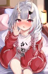 Rule 34 | alternate costume, bed, blush, braid, breasts, collarbone, commentary request, fang, grey hair, highres, hololive, horns, ibuki sho, jacket, lantern, looking at viewer, nakiri ayame, nakiri ayame (7th costume), pillow, red eyes, shirt, sitting, small breasts, twin braids, virtual youtuber, whispering