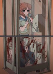 1boy 1girl blood blood_on_clothes blood_on_ground blood_splatter blue_eyes blue_sailor_collar blush brown_hair corpse film_grain highres higurashi_no_naku_koro_ni holding holding_phone maebara_keiichi neckerchief orange_hair pants phone phone_booth rxnal0 ryuuguu_rena sailor_collar school_uniform serafuku shirt short_hair short_sleeves talking_on_phone white_shirt window yellow_neckerchief