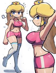 Rule 34 | 1girl, absurdres, armpits, arms behind head, artist name, blonde hair, blue eyes, breasts, from side, highres, large breasts, legs, looking at viewer, mario (series), midriff, multiple views, navel, nintendo, ponytail, princess, princess peach, shorts, sideboob, smile, solo, sports bra, super mario bros. 1, thick thighs, thighs, tony welt, wide sleeves