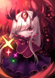 Rule 34 | 1girl, absurdres, capelet, colored skin, eye (okame nin), green pupils, highres, horns, long hair, looking at viewer, no mouth, okame nin, one eye closed, original, purple skirt, red capelet, red eyes, skirt, solo, standing, tentacles, white hair, white skin