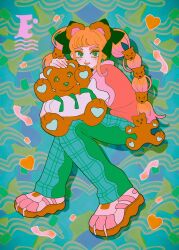 Rule 34 | 1990s (style), 1girl, abstract background, animal ears, bear ears, bear hair ornament, blush, bow, brown footwear, brown pupils, colorful, commentary request, commission, earrings, fake animal ears, full body, green bow, green eyes, green pants, hair bow, hair ornament, highres, hugging object, inuha dog wave, jewelry, long hair, long sleeves, looking at viewer, mismatched eyebrows, open mouth, orange hair, original, pants, pink footwear, pink sweater vest, plaid, plaid pants, retro artstyle, shirt, skeb commission, sleeve bow, smile, solo, stuffed animal, stuffed toy, sweater vest, teddy bear, turning head, white shirt