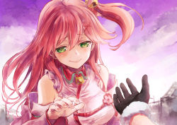 Rule 34 | 2girls, bell, black gloves, blush, breasts, closed mouth, cloud, cloudy sky, commentary, detached sleeves, fur-trimmed gloves, fur trim, gloves, green eyes, hair bell, hair between eyes, hair ornament, highres, hololive, long hair, looking at viewer, medium breasts, multiple girls, outdoors, pink hair, pov, purple sky, reaching, reaching towards viewer, sakura miko, sakura miko (1st costume), side ponytail, sky, smile, solo focus, upper body, usada pekora, virtual youtuber, wing collar, x hair ornament, yohane