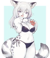 Rule 34 | 1girl, animal ears, bikini, black bikini, blue eyes, blush, body fur, breasts, cowboy shot, erumeruta, fang, furry, furry female, leopard ears, leopard tail, long hair, looking at viewer, navel, open mouth, original, pawpads, silver hair, simple background, solo, spotted fur, striped tail, swimsuit, tail, thick arms, white fur, wide hips