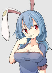 Rule 34 | 1girl, animal ears, blue dress, blue hair, breasts, cleavage, dress, earclip, hekkmushi, highres, large breasts, moon rabbit, rabbit ears, red eyes, seiran (touhou), simple background, smile, solo, touhou