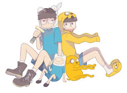 Rule 34 | 10s, 3boys, :/, :d, adventure time, animal, black eyes, black footwear, black hair, blank eyes, blue shirt, blue shorts, boots, brothers, carrying over shoulder, character hood, cosplay, cross-laced footwear, crossover, dog, finn (cosplay), finn the human, finn the human (cosplay), full body, half-closed eyes, hat, holding, holding sword, holding weapon, hood, hoodie, jake, jake (cosplay), jake the dog, jake the dog (cosplay), jitome, kwsr, lace-up boots, long sleeves, looking at viewer, male focus, matsuno ichimatsu, matsuno jyushimatsu, messy hair, multiple boys, open mouth, osomatsu-kun, osomatsu-san, over shoulder, shirt, shoes, short sleeves, shorts, siblings, simple background, sitting, sleeves past wrists, slippers, smile, socks, sword, t-shirt, wavy arms, weapon, weapon over shoulder, white background, white legwear