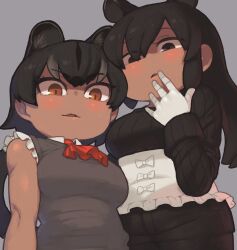 Rule 34 | 2girls, alternate skin color, animal ears, arm at side, ascot, bare arms, bare shoulders, bell (hellchan3), black hair, blush, brown eyes, brown hair, corset, dark-skinned female, dark skin, double-parted bangs, extra ears, fossa (kemono friends), frills, gloves, grey background, grey hair, hand to own mouth, hand up, height difference, highres, kemono friends, light blush, lips, long hair, long sleeves, looking at viewer, malayan tapir (kemono friends), multicolored hair, multiple girls, parted lips, red ascot, shirt, short hair, shorts, side-by-side, simple background, sleeveless, sleeveless shirt, sweater, sweater vest, tail, tapir ears, taut clothes, undershirt, upper body, white gloves, white undershirt