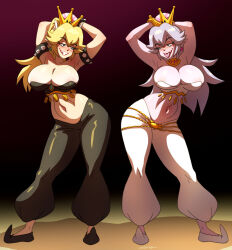 Rule 34 | alternate costume, arabian clothes, areola slip, arms behind head, artist name, belly dancer, black background, blonde hair, blush, bowsette, bracelet, breasts, crown, fangs, full body, gold, grey eyes, grey hair, highres, jewelry, large breasts, long hair, looking at another, luigi&#039;s mansion, mario (series), navel, necklace, new super mario bros. u deluxe, nintendo, ono-fire, pants, princess king boo, shoes, smile, spiked bracelet, spikes, super crown, tongue, tongue out