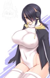 Rule 34 | 10s, 1girl, :o, akitsuki karasu, animal ears, arms at sides, black gloves, black hair, black jacket, blush, bow, bowtie, breasts, brown eyes, cat ears, covered erect nipples, covered navel, cowboy shot, emperor penguin (kemono friends), gloves, groin, hair over one eye, headphones, highleg, highleg leotard, huge breasts, jacket, kemono friends, leotard, long hair, long sleeves, looking at viewer, open clothes, open jacket, open mouth, scarf, serval (kemono friends), shaded face, shiny skin, short hair, sitting, skin tight, solid oval eyes, solo focus, thighhighs, translation request, two-tone background, white leotard, white scarf, white thighhighs