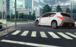 Rule 34 | car, crosswalk, ghost in the shell, motor vehicle, nissan, outdoors, scenery, screencap, solid state society, traffic light, vehicle, vehicle focus, wallpaper