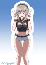 Rule 34 | 1girl, absurdres, black shirt, blush, breasts, brown eyes, brown hair, dated, double v, drops mint, girls und panzer, hairband, highres, large breasts, looking at viewer, midriff, navel, open mouth, shimada chiyo, shiny skin, shirt, short hair, shorts, signature, smile, solo, v, white shorts