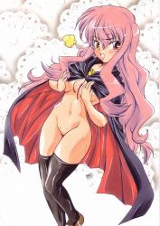 Rule 34 | 00s, 1girl, blush, breasts, cape, covering privates, groin, honoo teruki, long hair, louise francoise le blanc de la valliere, naked cape, nude, nude cover, pink eyes, pink hair, pussy, snowflakes, solo, tears, thighhighs, uncensored, zero no tsukaima