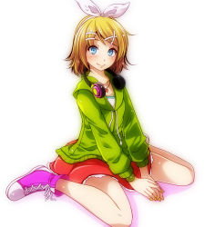 Rule 34 | 1girl, bare legs, blonde hair, blue eyes, blush, bow, collarbone, green hoodie, hair bow, hair ornament, hairclip, headphones, headphones around neck, heart, heart necklace, highres, hood, hoodie, kagamine rin, kneeling, looking at viewer, melancholic (vocaloid), melancholy (module), miniskirt, nail polish, necklace, pink footwear, pink skirt, project diva (series), shoes, short hair, sitting, skirt, smile, sneakers, solo, tsukishiro saika, vocaloid, wariza, watch, wristwatch, yellow nails