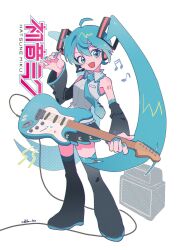 Rule 34 | 1girl, :d, absurdres, ahoge, amplifier, artist name, black footwear, black skirt, blue eyes, blue hair, blue nails, blue necktie, boots, cable, character name, collared shirt, detached sleeves, electric guitar, frilled shirt, frills, full body, guitar, hair between eyes, hand up, hashtag-only commentary, hatsune miku, headset, highres, holding, holding instrument, holding plectrum, instrument, long hair, looking at viewer, musical note, nail polish, necktie, open mouth, plectrum, shirt, signature, simple background, skirt, sleeveless, sleeveless shirt, smile, solo, standing, thigh boots, twintails, vocaloid, white background, white shirt, zikko 100