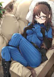 Rule 34 | 1girl, apron, black-framed eyewear, black apron, black footwear, black gloves, blue bodysuit, blush, bodysuit, boots, braid, breasts, brown hair, couch, crossed legs, duplicate, ear piercing, earrings, elbow gloves, fate/grand order, fate (series), frills, glasses, gloves, hands on own chest, highres, jewelry, knee boots, large breasts, long hair, looking at viewer, maid headdress, multiple earrings, naha78, piercing, pillow, ribbed bodysuit, solo, thighs, very long hair, waist apron, yu mei-ren (fate), yu mei-ren (first ascension) (fate)