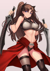 Rule 34 | 1girl, archer (fate), archer (fate) (cosplay), bad id, bad pixiv id, black gloves, blue eyes, breasts, cosplay, derivative work, dual wielding, fate/stay night, fate (series), female focus, fingerless gloves, gloves, highres, holding, large breasts, liu lan, long hair, looking at viewer, midriff, miniskirt, navel, official alternate costume, shiny skin, simple background, skirt, solo, sword, tohsaka rin, weapon