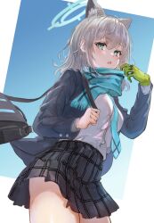 Rule 34 | 1girl, absurdres, animal ear fluff, animal ears, bag, blazer, blue archive, blue background, blue eyes, blue scarf, blush, breasts, cowboy shot, extra ears, gloves, green gloves, grey hair, halo, high-waist skirt, highres, jacket, long sleeves, looking at viewer, marulire, medium breasts, medium hair, mismatched pupils, necktie, open clothes, open jacket, open mouth, plaid, plaid skirt, pleated skirt, scarf, school bag, school uniform, shiroko (blue archive), shirt, shirt tucked in, shoulder bag, simple background, single glove, skirt, solo, thighs, white shirt, wolf ears