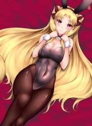 Rule 34 | 1girl, animal ears, blonde hair, blush, breasts, cleavage, closed mouth, crimecrime, detached collar, detached sleeves, ereshkigal (fate), fake animal ears, fate/grand order, fate (series), looking at viewer, lying, medium breasts, on back, pantyhose, playboy bunny, rabbit ears, red eyes, ribbon, smile, twintails, two side up