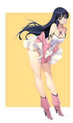 Rule 34 | 1girl, absurdres, ass, black hair, blue brooch, blue eyes, bobobong, boots, bow, breasts, choujikuu yousai macross, dress, drill hair, drill sidelocks, earrings, gloves, high heel boots, high heels, highres, jewelry, lynn minmay, macross, macross: do you remember love?, pink bow, pink gloves, sidelocks, simple background, single earring, small breasts, standing, thighs, white dress