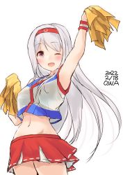 Rule 34 | 1girl, alternate costume, brown eyes, cheering, cheerleader, cowboy shot, crop top, crop top overhang, headband, highres, holding, holding pom poms, kantai collection, long hair, looking at viewer, midriff, one-hour drawing challenge, one eye closed, owa (ishtail), pleated skirt, pom pom (cheerleading), pom poms, red headband, red skirt, shoukaku (kancolle), simple background, skirt, solo, white background, white hair