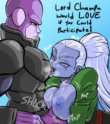Rule 34 | 1boy, 1girl, bald, blue skin, breasts, bulge, clothed sex, clothes, colored skin, dragon ball, dragon ball super, english text, erection, erection under clothes, gradient background, heart, highres, hit (dragon ball), long hair, medium breasts, nipples, paizuri, ponytail, precum, pseudocel, red eyes, vados (dragon ball), white hair