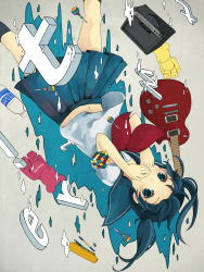 Rule 34 | 1girl, 456, amplifier, black eyes, black hair, bottle, candy, covering own mouth, electric guitar, food, guitar, highres, instrument, lollipop, looking at viewer, marshall, mechanical pencil, navel, original, pencil, pleated skirt, pocari sweat, rubik&#039;s cube, school uniform, serafuku, short hair, short twintails, skirt, solo, twintails, upside-down
