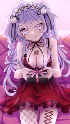 Rule 34 | 1girl, absurdres, amiya aranha, black ribbon, blush, box, braid, breasts, cleavage, commentary, corset piercing, couch, dress, english commentary, fishnet pantyhose, fishnets, gift, hairband, highres, holding, holding box, holding gift, incoming gift, indie virtual youtuber, long hair, looking at viewer, low-cut, medium breasts, nail polish, neck ribbon, on couch, pantyhose, pink ribbon, purple eyes, purple hair, red dress, red nails, red ribbon, ribbon, second-party source, single leg pantyhose, sitting, smile, solo, twin braids, two side up, uni (maru231), valentine, virtual youtuber, white hairband