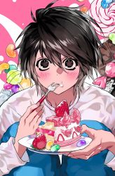 Rule 34 | 1boy, 2pineapplepizza, bags under eyes, black eyes, blush, cake, cake slice, candy, chocolate, crumbs, death note, eating, food, fork, fruit, highres, holding, holding fork, l (death note), lollipop, long sleeves, looking at viewer, male focus, pants, shirt, short hair, solo, strawberry, white shirt