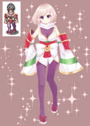 Rule 34 | 1girl, absurdres, bare shoulders, bodysuit, bow, breasts, brown background, character request, cleavage, closed mouth, detached sleeves, full body, highres, japanese clothes, kimono, light (luxiao deng), long sleeves, looking at viewer, medium breasts, obi, pointy ears, purple bodysuit, purple eyes, ragnarok online, sandals, sash, see-through, short hair, silver hair, sleeves past fingers, sleeves past wrists, smile, sparkle, standing, standing on one leg, white bow, white footwear, white kimono, white sleeves, wide sleeves, zouri