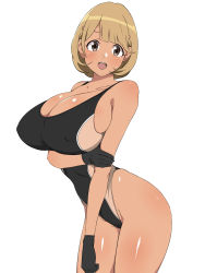Rule 34 | 1girl, :d, black one-piece swimsuit, blush, body blush, breasts, brown eyes, brown hair, cleavage, competition swimsuit, elbow gloves, covered erect nipples, gloves, hair ornament, hairclip, highleg, highleg swimsuit, highres, kagemusha, large breasts, narusawa ryouka, occultic;nine, one-piece swimsuit, open mouth, short hair, smile, solo, standing, swimsuit, tan