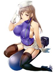 Rule 34 | 10s, 1girl, \m/, absurdres, breasts, brown eyes, brown hair, competition swimsuit, garter straps, gloves, hat, highres, idolmaster, idolmaster cinderella girls, impossible clothes, impossible swimsuit, large breasts, long hair, looking at viewer, nitta minami, one-piece swimsuit, riding, sailor hat, seductive smile, skirt, smile, solo, swimsuit, thighhighs, torpedo, uo denim