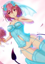 Rule 34 | 1girl, bare shoulders, blue thighhighs, blush, bouquet, bridal veil, bride, bustier, dress, finger to mouth, flower, garter straps, highres, looking at viewer, momo velia deviluke, panties, pink eyes, pink hair, shiny clothes, side-tie panties, solo, tail, thigh gap, thighhighs, to love-ru, underwear, veil, wedding dress, z - chcrghan