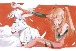 Rule 34 | 1girl, 4boys, 7ife, bodysuit, covering face, the end of evangelion, falling feathers, feathers, hand on own face, highres, injury, interface headset, long hair, mass production eva, multiple boys, neon genesis evangelion, outstretched arm, pilot suit, plugsuit, red background, red bodysuit, red hair, red theme, sitting, souryuu asuka langley, twintails, white wings, wings