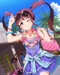 Rule 34 | 10s, 1boy, 1girl, artist request, bag, bracelet, brown eyes, brown hair, clothes around waist, idolmaster, idolmaster million live!, jewelry, matsuda arisa, necklace, official art, twintails, wink
