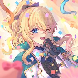 Rule 34 | 1girl, ;d, black gloves, blonde hair, blue capelet, blue eyes, capelet, commentary, confetti, genshin impact, gloves, hand up, jean (genshin impact), long hair, maron star, one eye closed, open mouth, ponytail, smile, solo, upper body
