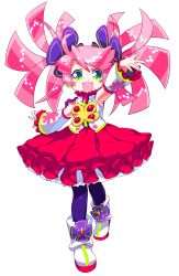 Rule 34 | 1girl, :d, arm up, boots, child, detached sleeves, frilled sleeves, frills, full body, green eyes, hair ornament, haruka nana, highres, nagimiso, official art, open mouth, pantyhose, petticoat, pink hair, purple pantyhose, red skirt, skirt, smile, solo, transparent background, twintails, utau