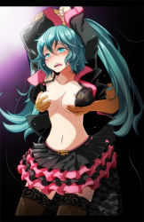Rule 34 | 1boy, 1girl, aqua eyes, aqua hair, arms up, black bra, bra, grabbing another&#039;s breast, breasts, commentary request, crying, crying with eyes open, detached sleeves, frilled skirt, frills, grabbing, grabbing from behind, groping, hatsune miku, headphones, headset, hetero, honey whip (module), long hair, medium breasts, microphone, molestation, nail polish, navel, necktie, open bra, open mouth, pillarboxed, project diva (series), skirt, sleeveless, solo focus, sweet devil (vocaloid), tears, thighhighs, tsukishiro saika, twintails, underwear, vocaloid