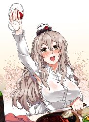 Rule 34 | 1girl, :d, absurdres, alcohol, arm up, armpit cutout, armpits, bad id, bad pixiv id, blush, bottle, breasts, clothing cutout, collared shirt, cup, dongsa wonhyong, drinking glass, eyebrows, fingernails, flower, food, gradient background, grey hair, hair between eyes, highres, holding, holding cup, holding drinking glass, holding knife, kantai collection, knife, large breasts, leaf, long fingernails, long hair, long sleeves, nose blush, open mouth, pola (kancolle), rose, shirt, smile, solo, steak, sweat, taut clothes, taut shirt, teeth, thick eyebrows, tongue, wavy hair, white shirt, wine, wine bottle, wine glass, yellow eyes