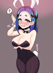 Rule 34 | 1girl, animal ears, aqua hair, black leotard, blue eyes, blue hair, blush, bow, bowtie, breasts, detached collar, fake animal ears, fake tail, highres, kimtoxic, large breasts, leotard, mole, mole under mouth, multicolored hair, nose blush, open mouth, original, playboy bunny, solo, standing, streaked hair, tail, thick eyebrows, wavy mouth